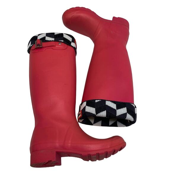 Hunter Boots Pink Waterproof Wellingtons Black & White Knit Cuff EUC Sz 6 - Picture 1 of 11